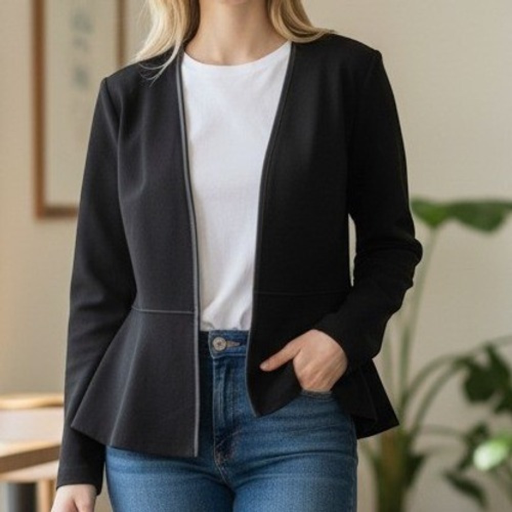 Ann Taylor (Jacket) (XL) Black EXCELLENT Peplum Faux Leather Trim Knit Blazer